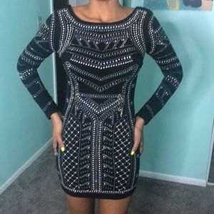Black rhinestone mini long sleeve dress